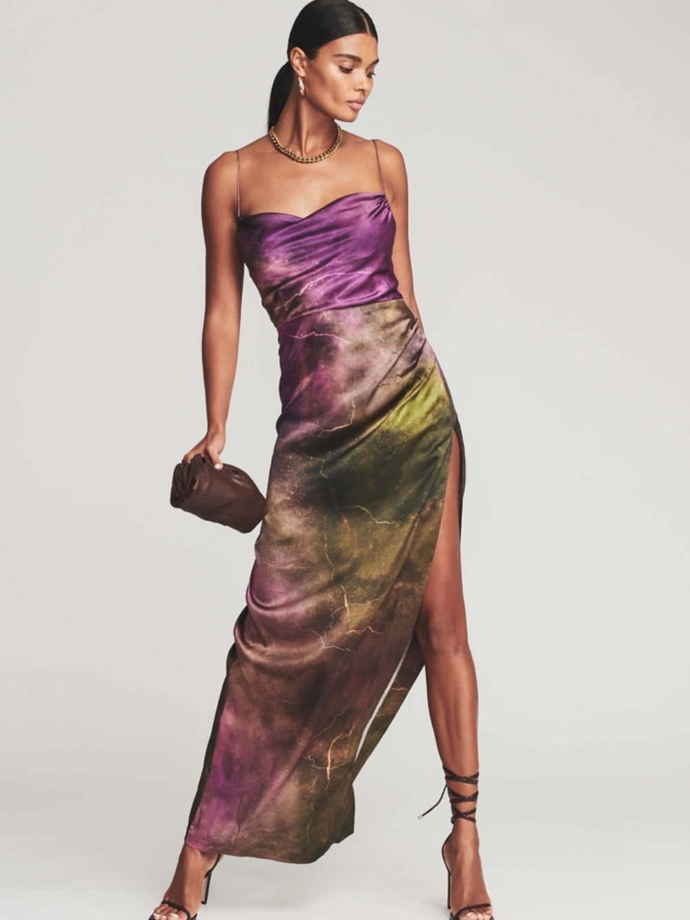 Retrofete Purple and Olive One-Shoulder Satin Slip Dress with Side Slit
